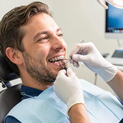 orthodontist adjusting braces during checkup