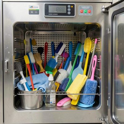 cleaning tools being sterilized in visible autoclave