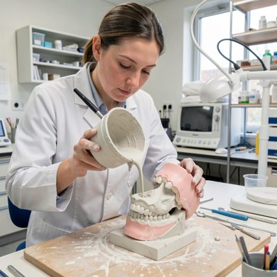 dental lab worker pouring plaster from cast model
