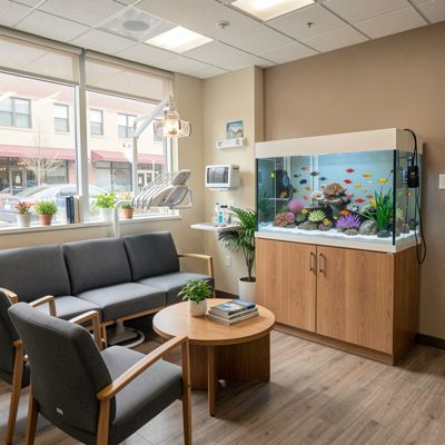 dental practice featuring fish tank in waiting room