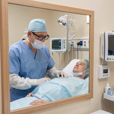 post-surgery patient reviewing reflection mirror