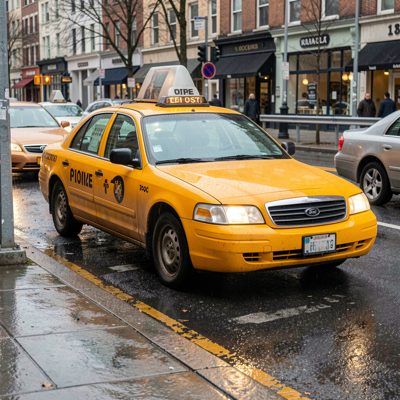 a yellow taxi waiting at a wet kerb