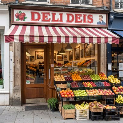 a deli awning with fruit stacked outside