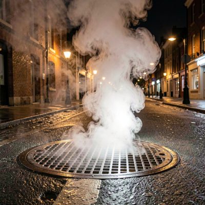 steam rising from a street vent at night