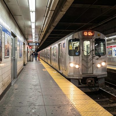 a subway platform with a train pulling in