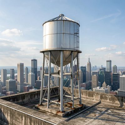 a rooftop water tower against a skyline
