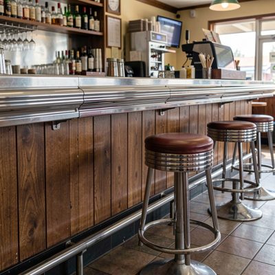 a diner counter with stools and a chrome edge