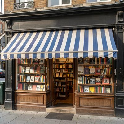 a bookshop front with a striped awning