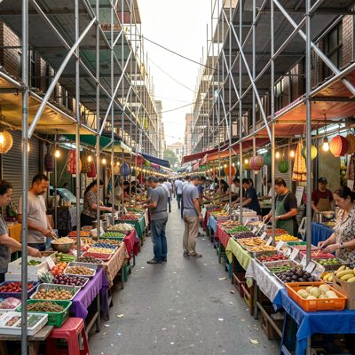 a street market with tables under scaffolding
