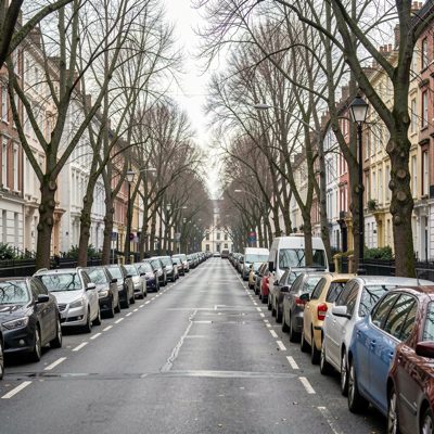 a street lined with parked cars and bare trees