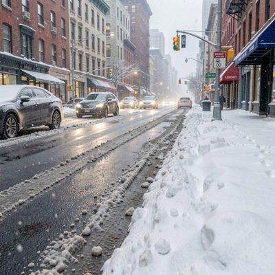 a snowy city street with slush at the kerb