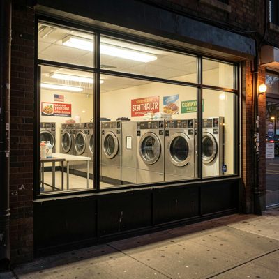 a laundromat window glowing at night