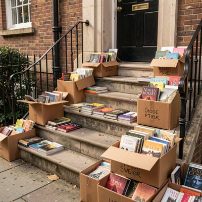 a stoop sale with boxes of books on the steps