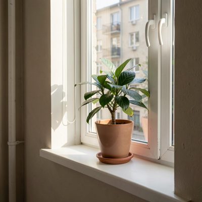 an apartment window with a plant on the sill