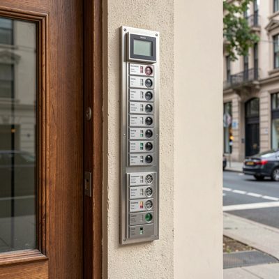a doorway with a column of apartment buzzers