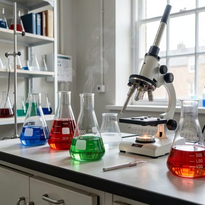 a chemistry lab with beakers and a bunsen burner