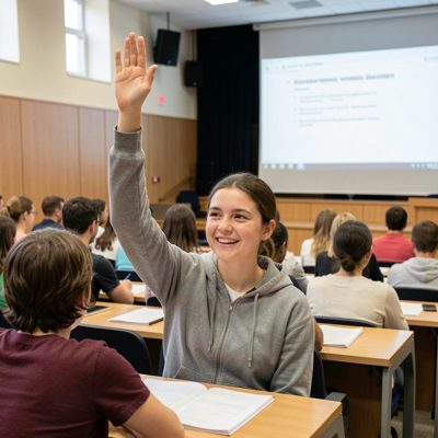 a student raising a hand in a lecture theatre