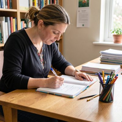 a teacher marking exercise books at a desk
