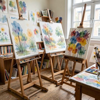 art classroom easels holding watercolor paintings