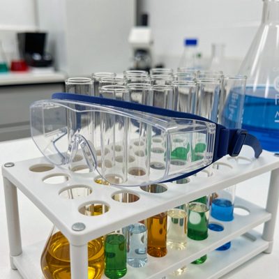 science lab safety goggles on a test tube rack