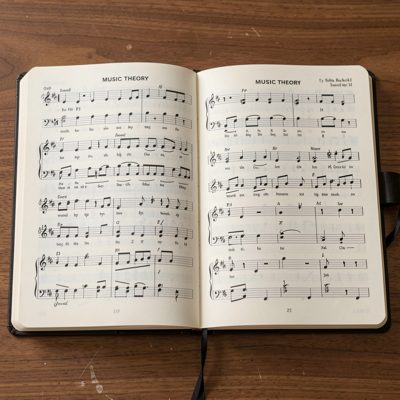 music theory notebook open showing sheet music notes