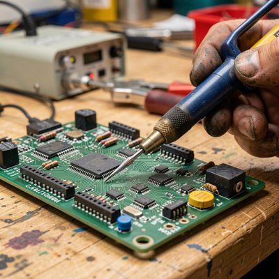 technology workshop soldering iron beside circuit board