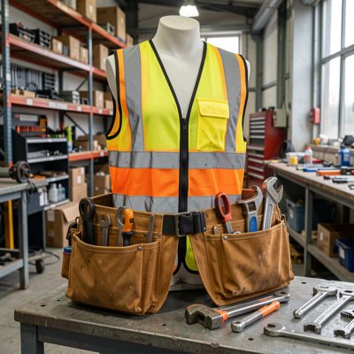 industrial training safety vest on tool belt display