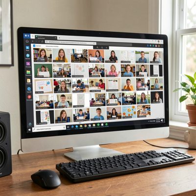 computer suite monitor array showcasing student work