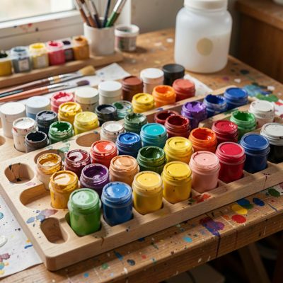 art studio palette rack holding assorted paint colors
