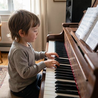 a music lesson with a child at a keyboard