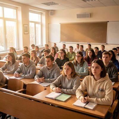 morning lecture hall with rows of attentive students