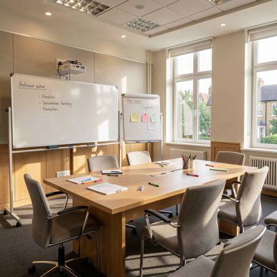 afternoon seminar room equipped with flip charts and markers