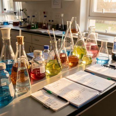 late afternoon lab bench cluttered with glassware and notes