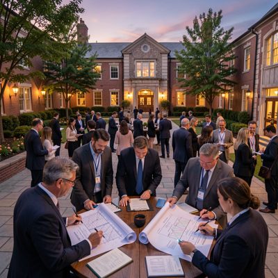 dusk campus courtyard filled with faculty members reviewing plans
