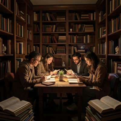 midnight study group in quiet corner surrounded by open books