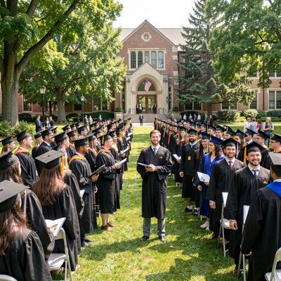 university graduation ceremony on lawn with caps and gowns