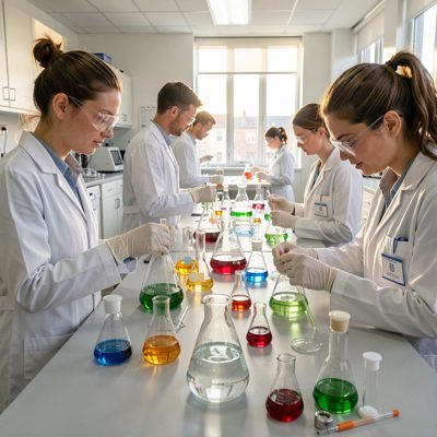 afternoon lab technicians preparing experiments in glassware setups