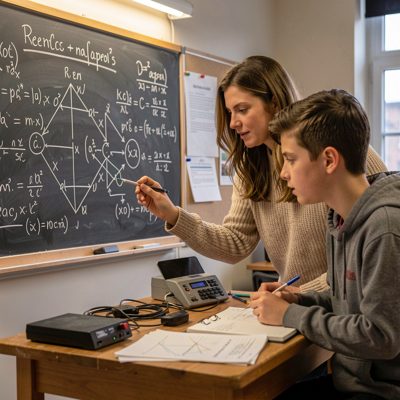 evening tutorial teacher guiding student through complex concepts
