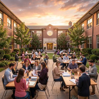 sunset campus courtyard filled with faculty reviewing lesson plans