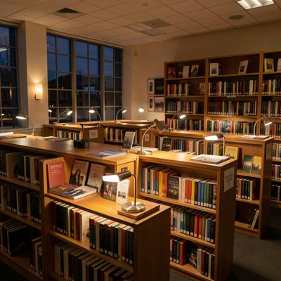 nighttime library stacks illuminated by focused reading lights