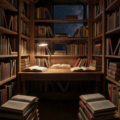 midnight study group quiet corner surrounded by open books