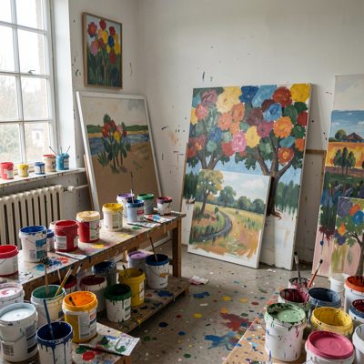 an art room with paint pots and drying paintings