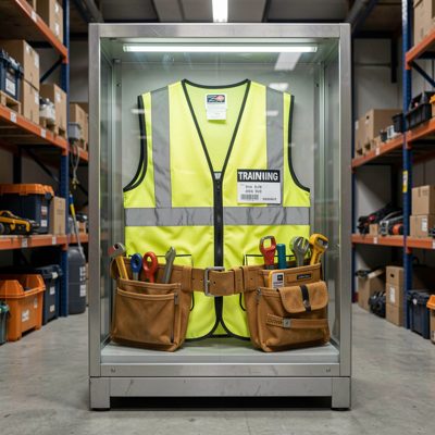 industrial training safety vest on tool belt display case