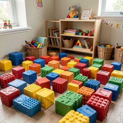 early childhood sensory play area filled with textured blocks