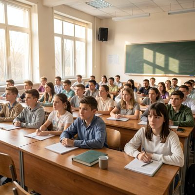morning lecture hall rows of attentive students listening closely