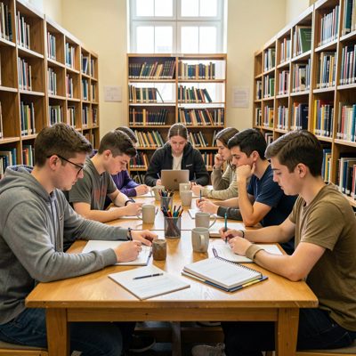 a group of students studying around a library table