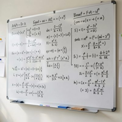 a whiteboard covered in mathematical working