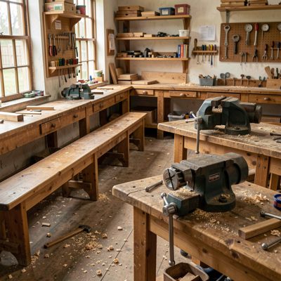 a woodwork classroom with benches and vices