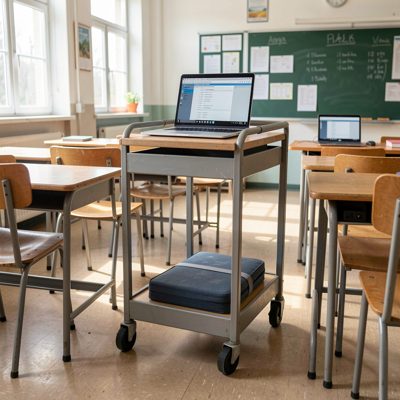 a laptop trolley being wheeled into a classroom