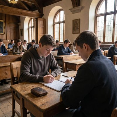 a student writing an exam in a quiet hall